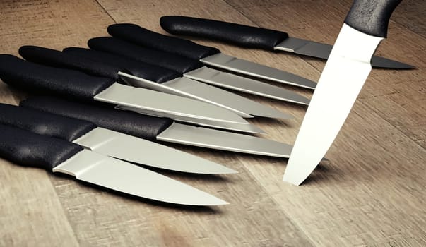 knifes with shine blades on wooden board