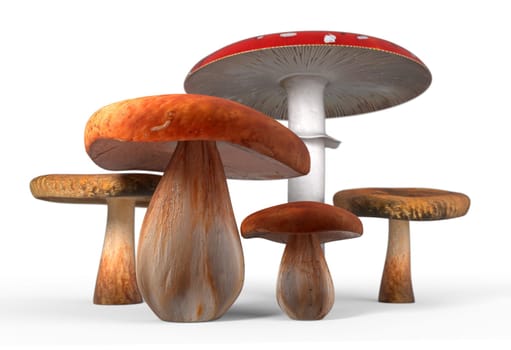 Group of mushrooms isolated on white background 3d render