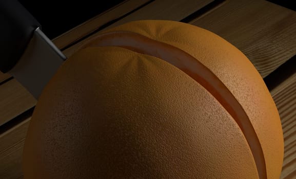 Knife slicing orange on wood render 3d
