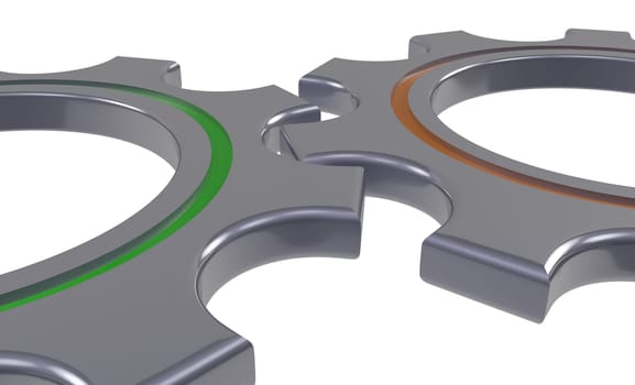 metal gear wheel with orange and green circle - 3d render