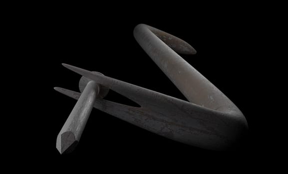the nail and old rusty nail puller on a black 3d render