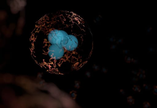 blue protons and neutrons in nucleus and surronded cloud of electrons 3d render