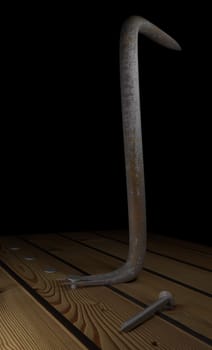 nails and old rusty nail puller on a wood table 3d render