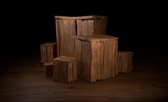 illustration of wooden box set on black wood floor