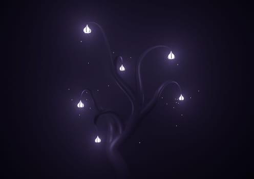 Magic tree glow in fog with flashlights