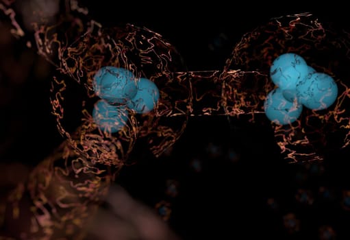 blue protons and neutrons in nucleus and surronded cloud of electrons 3d render