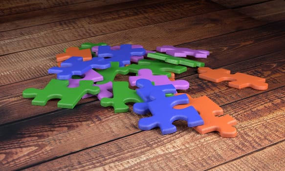 heap colorful puzzle pieces on wood table