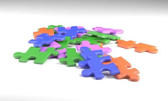 heap colorful puzzle pieces on white