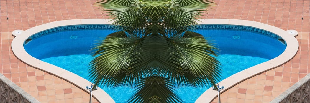Outdoor swimming pool,whirlpool with blue tiles and palm tree..