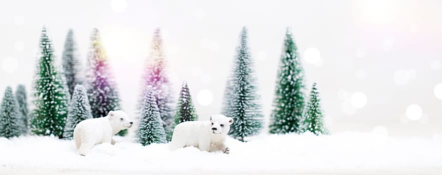 Christmas polar and grizzly bears in Snowy Winter Forest - Christmas Card