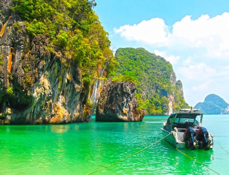 The blurred image of tropical landscape. Railay beach, Krabi, Thailand. View of the rock and sea