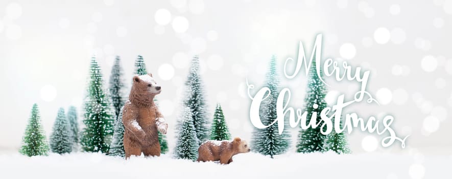 Christmas polar and grizzly bears in Snowy Winter Forest - Christmas Card