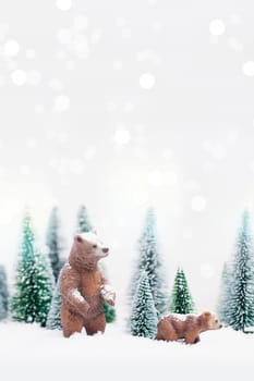 Christmas polar and grizzly bears in Snowy Winter Forest - Christmas Card