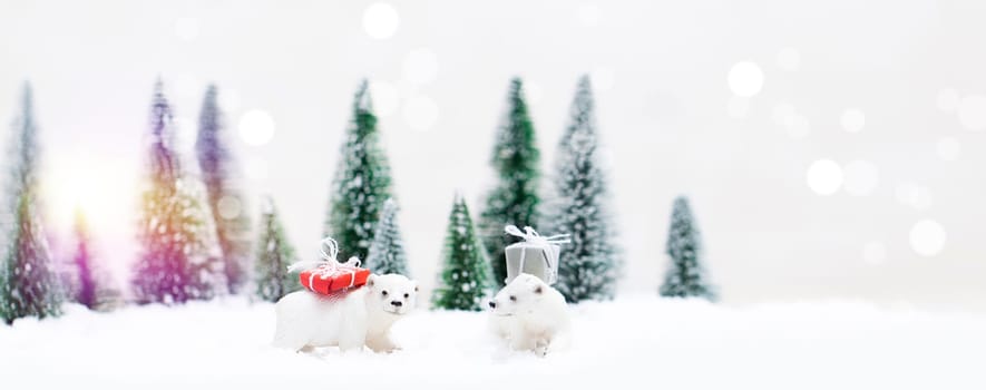 Christmas polar and grizzly bears in Snowy Winter Forest - Christmas Card