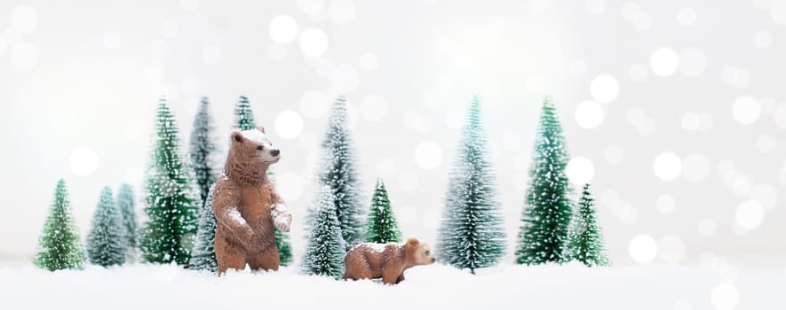 Christmas polar and grizzly bears in Snowy Winter Forest - Christmas Card