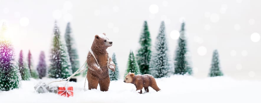 Christmas polar and grizzly bears in Snowy Winter Forest - Christmas Card
