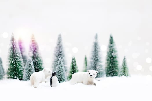 Christmas polar and grizzly bears in Snowy Winter Forest - Christmas Card
