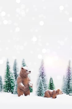 Christmas polar and grizzly bears in Snowy Winter Forest - Christmas Card