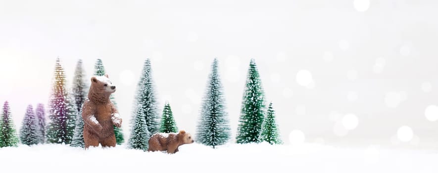 Christmas polar and grizzly bears in Snowy Winter Forest - Christmas Card