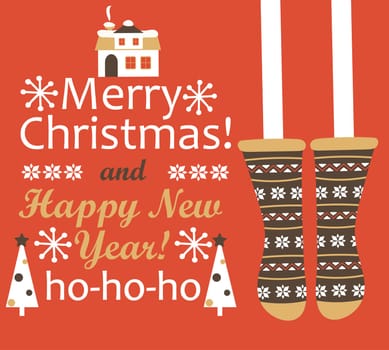 Merry Christmas and Happy new year Greeting Card. Christmas stocking. Vector illustration.