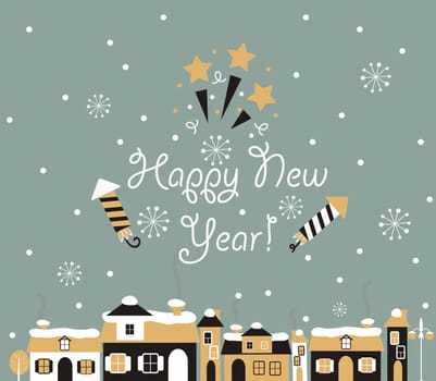 Winter town. Happy new year Greeting Card with lettering. Vector illustration.