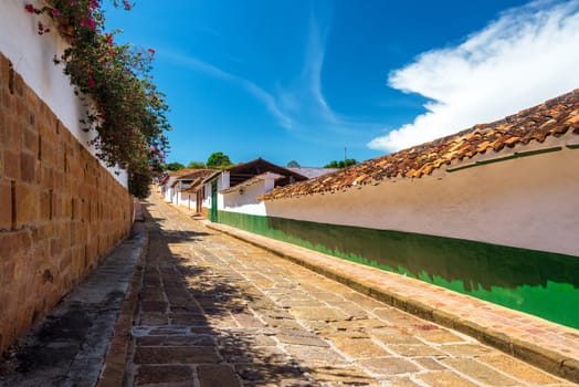 View of colonial street in the historic town of Barichara, Colombia