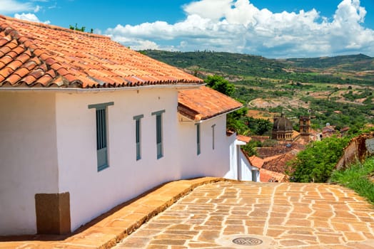 View of colonial town of Barichara, Colombia with the cathedral visible in the distance