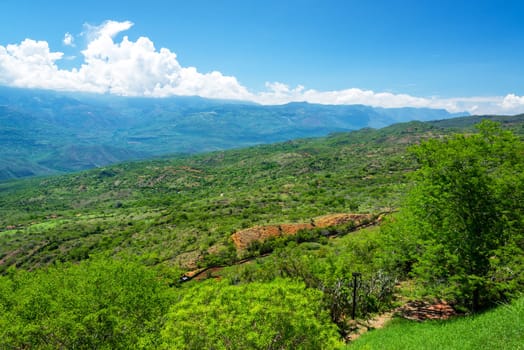 Lush green landscape of the area around Barichara, Colombia
