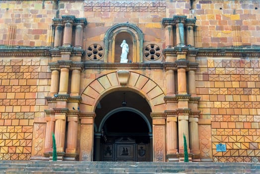 Entrance to the cathedral in the historic village of Barichara, Colombia
