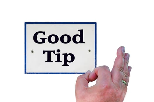 Board with blue frame and text Good tip. (in German for hint or tip) and a hand with thumbs up.