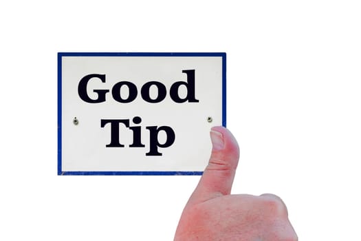 Board with blue frame and text Good tip. (in German for hint or tip) and a hand with thumbs up.