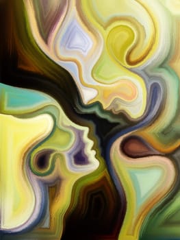 Inner Dialog series. Backdrop composed of human profiles and vivid paint shapes and suitable for use in the projects on emotions, relationships, human drama, spirituality and design
