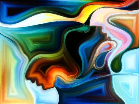 Inner Dialog series. Backdrop design of human profiles and vivid paint shapes for works on emotions, relationships, human drama, spirituality and design