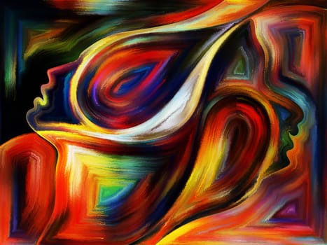 Inner Dialog series. Backdrop composed of human profiles and vivid paint shapes and suitable for use in the projects on emotions, relationships, human drama, spirituality and design