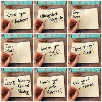 Photo collage of handwritten business motivational messages. Retro effect and toned image of a woman hand writing a note with fountain pen on a notebook as business concept image.