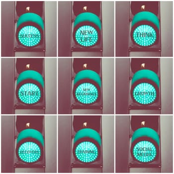 Photo collage with concept messages written over green traffic lights