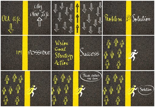 Photo collage of concept images over road marking yellow paint dividing line