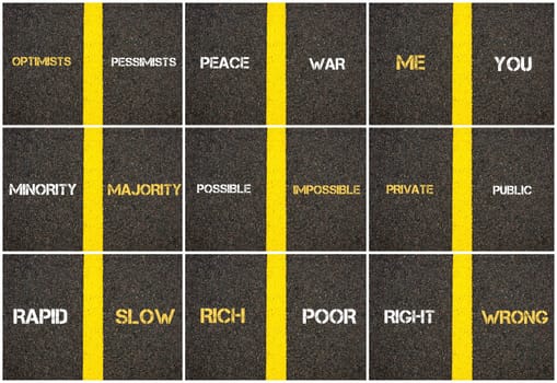 Photo collage of antonym concepts written over tarmac, road marking yellow paint separating line between words