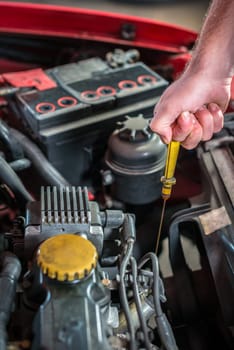 Car mechanic in auto repair service checking oil, red automobile