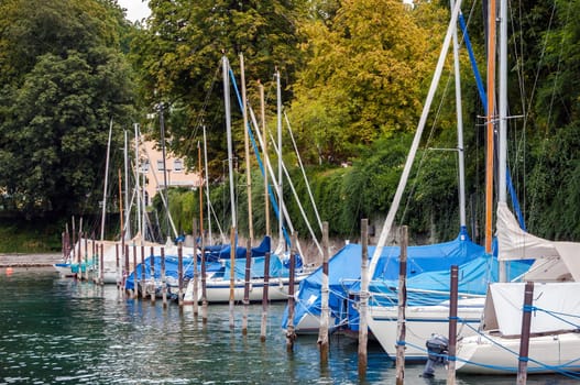 Small sailboats at the port in Ueberlingen, Lake Constance, Germany