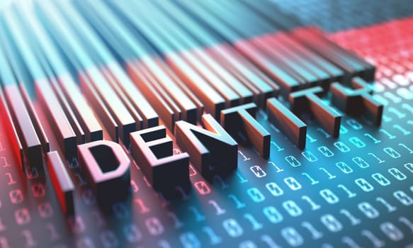 3d illustration of a laser scanner for a barcode with the word identity.
