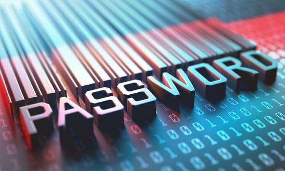 3d illustration of a laser scanner for a barcode with the word password.