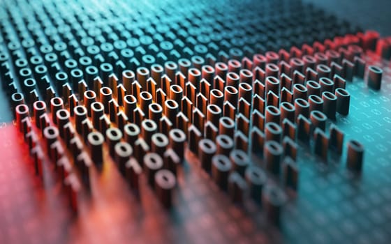 3d illustration of a laser scanner on a binary code embossed.