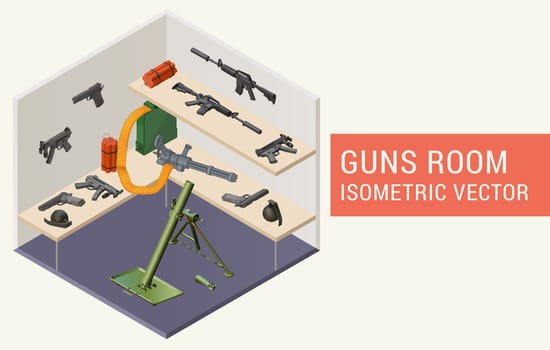 Isometric vector guns room with beretta handguns, m4a1 assault rifle, minigun, mp5 submachine gun, dynamite, grenades, mortar grenade launcher. Room with rack and weapons.