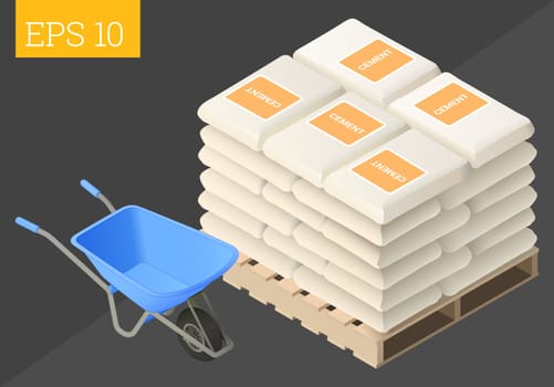 cement sack stacked and wheelbarrow eps10 vector illustration