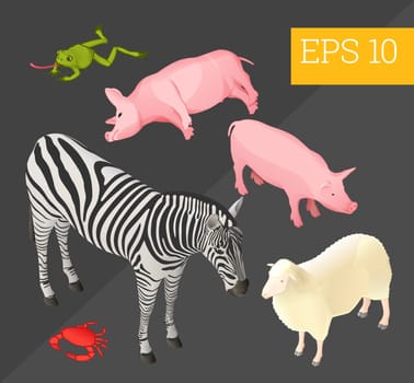 animals collection with zebra, pigs, frog, sheep and crab eps10 vector illustration