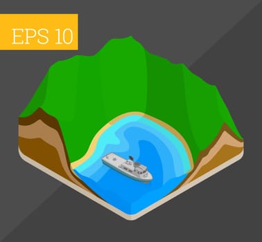 Tropical island lagoon with mountains, sea and yacht eps10 vector illustration