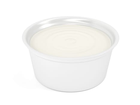 Margarine, butter or cream cheese in plastic packaging on white background