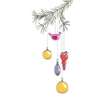 Christmas toys hanging on a branch, color vector illustration