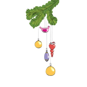 Christmas toys hanging on a furry branch, color vector illustration
